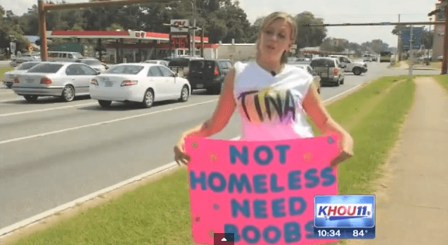 Video: “Not Homeless, Need Boobs” – Woman Begs on the Roadside for Money to fund Breast Surgery Video: “Not Homeless, Need Boobs” – Woman Begs on the Roadside for Money to fund Breast Surgery