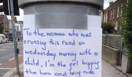 Photo: Fairplay! Dublin Driver Writes Letter to Pedestrian Apologising for “Being Rude”