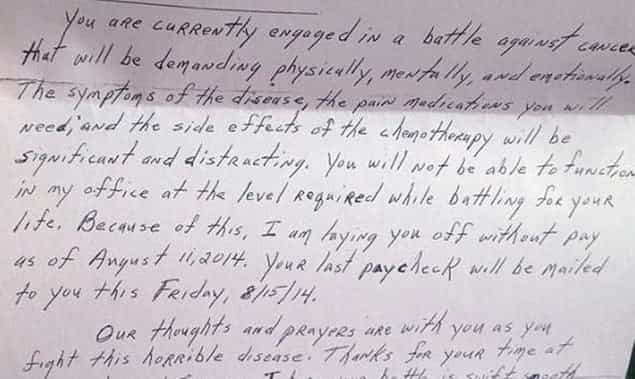 Woman Gets Fired Via Letter After Telling Her Boss She Has Cancer
