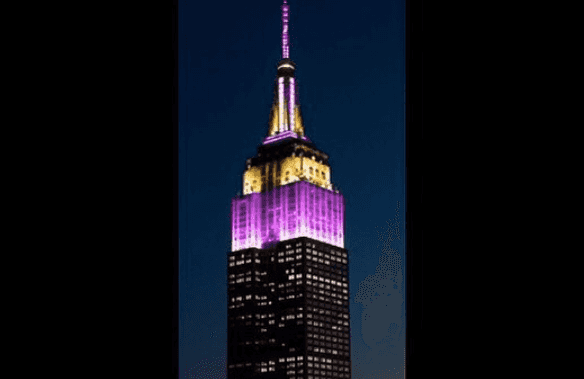 The Empire State Building in New York was lit purple and gold last night to honour Kobe Bryant