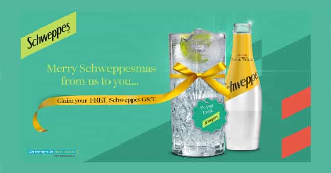 Schweppes is putting the fizz into Christmas by giving you a complimentary G&T on your next night out! Schweppes is putting the fizz into Christmas by giving you a complimentary G&T on your next night out!