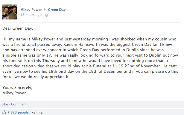 Facebook & Twitter Users Call on Green Day to Record Message for Funeral of Tragic Irish Fan