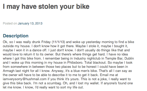 “Maybe I Won It In A Dance-Off” – Irish Bike Thief Tries to Make Good