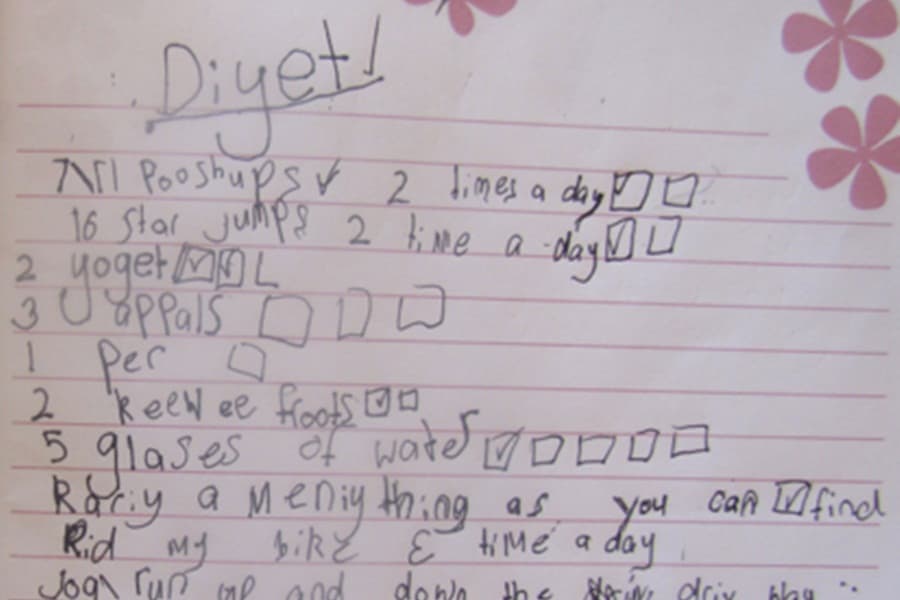 “Eat 3 Appals & Do 34 Pooshups” Horrifed Mother Finds “Diyet” List In Her 7-Year-Old Daughter’s Bedroom