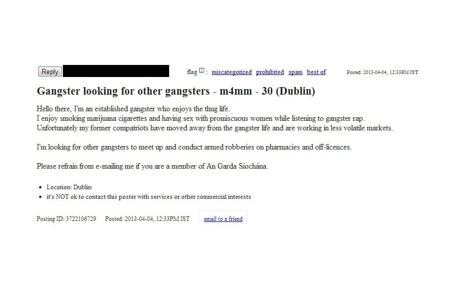 “Male, GSOH, Seeks Like-Minded People” Frustrated Irish Gangster Takes To Craigslist To Find Some New Friends