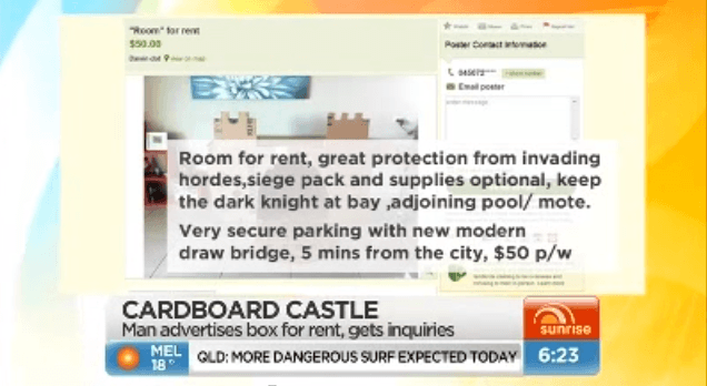 VIDEO – Irishman In Darwin Advertises Cardboard Castle To Rent, Receives Enquiries