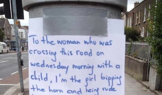 Photo: Fairplay! Dublin Driver Writes Letter to Pedestrian Apologising for “Being Rude”