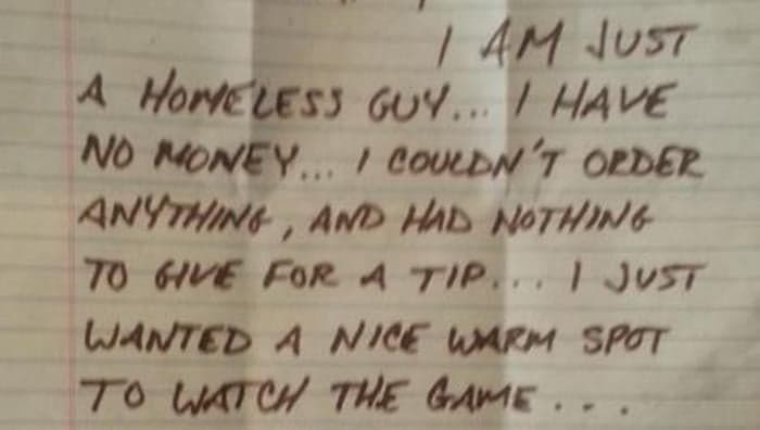 Homeless Man Thanks Restaurant Staff With Handwritten Note