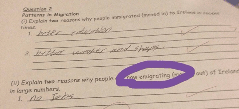Classic! Student’s Exam Paper Answer On Irish Emigration Is Absolutely Brilliant