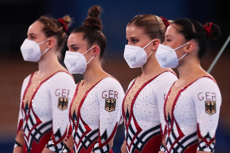 German gymnasts wear full-body unitards in stand against sexualisation German gymnasts wear full-body unitards in stand against sexualisation