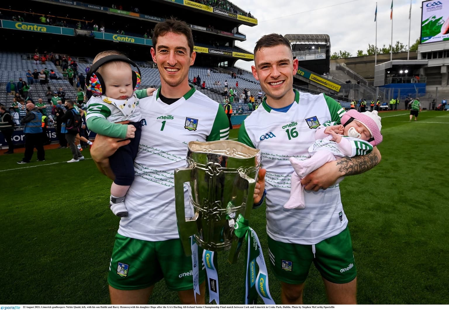 Limerick hurlers pose with their babies after historic win