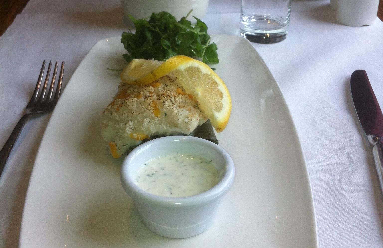 Recipe: Milk Poached Fillet of Cod With a Cheddar Crust and Prawn Mousseline Stuffed Vine Leaves