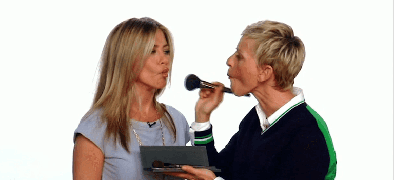 Ellen DeGeneres Gives Jennifer Aniston a Fetching Makeover Ellen DeGeneres Gives Jennifer Aniston a Fetching Makeover