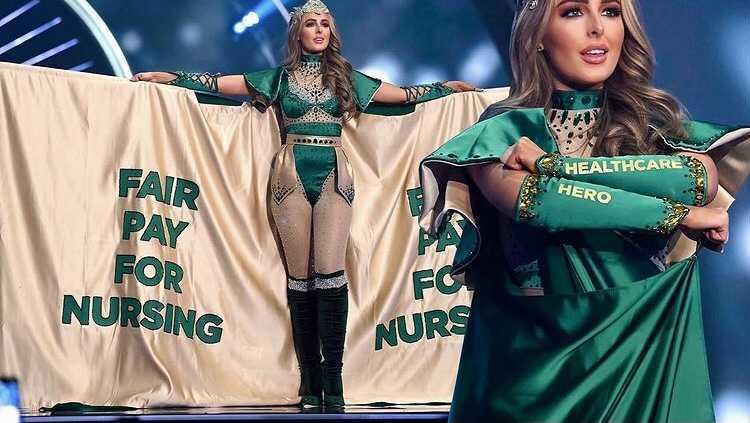 Ireland’s Miss Universe contestant uses outfit to call for fair pay for nurses