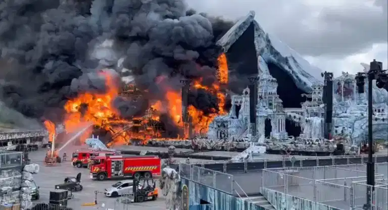 Blazing inferno destroys main stage at major festival days before it was due to begin Blazing inferno destroys main stage at major festival days before it was due to begin